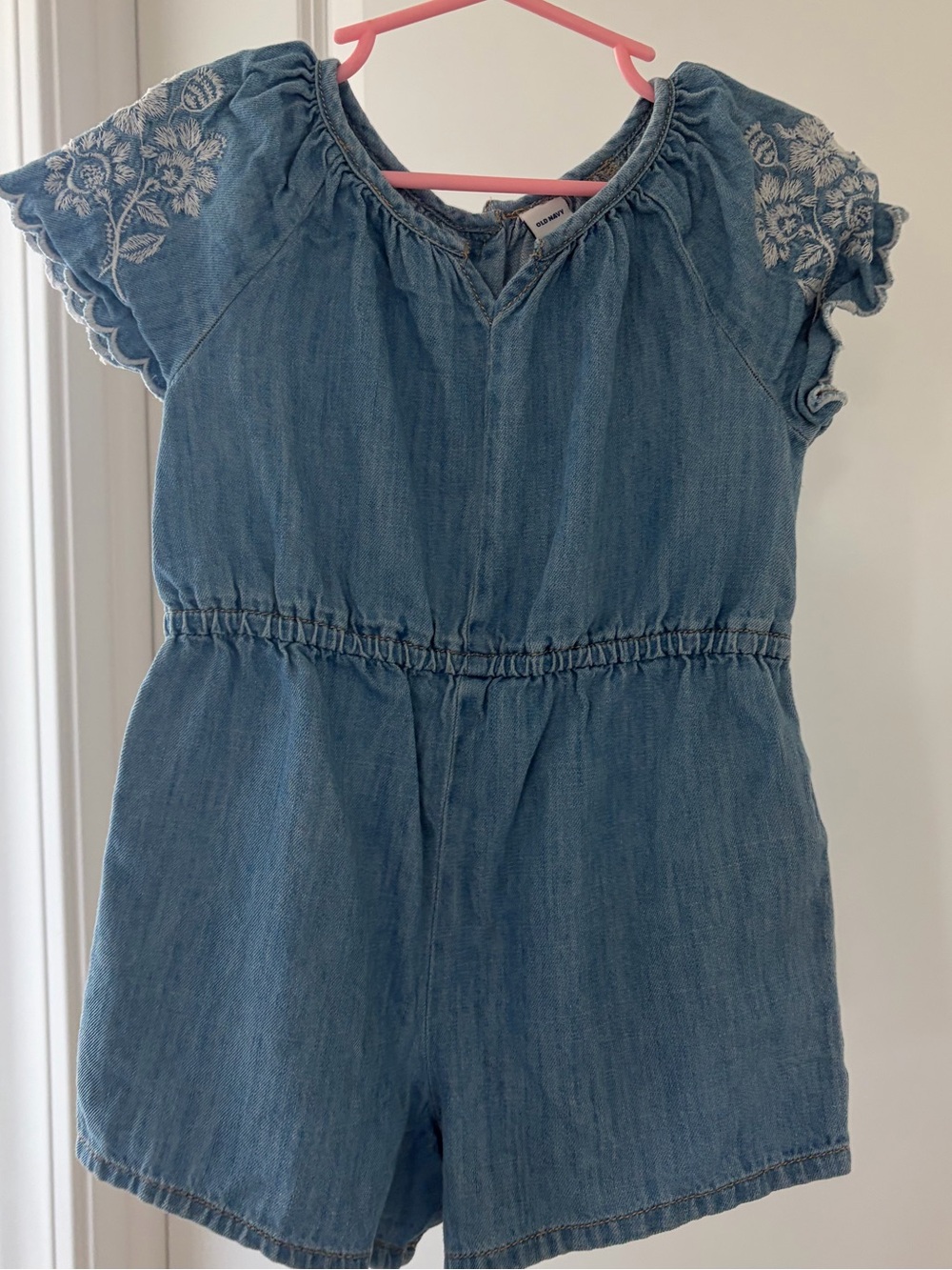 Old Navy Denim Romper with White Embroidered Sleeves